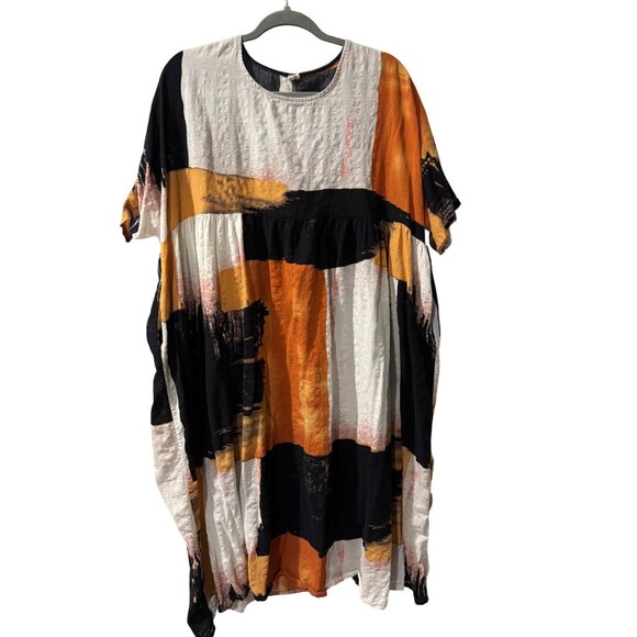 Womens Oversized Abstract Print Cotton/Spandex Maxi Dress Orange/Black/White - Picture 2 of 8